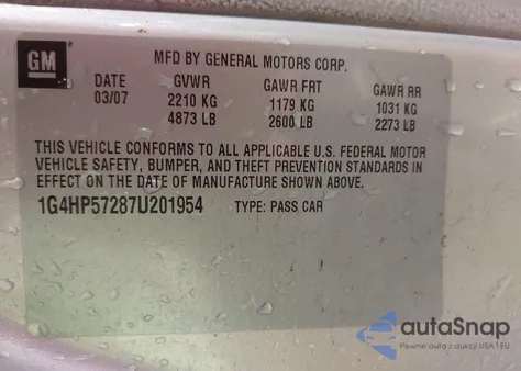 2007 Buick Lucerne Cx z USA, uszkodzony, nr VIN 1G4HP57287U201954